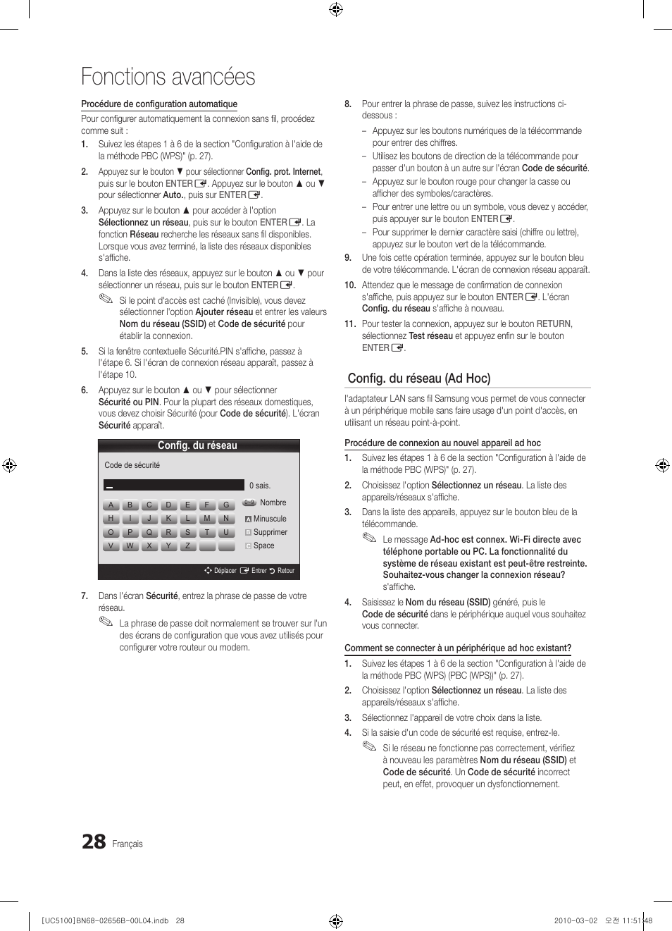 Fonctions avancées, Config. du réseau (ad hoc) | Samsung UE40C5100QW User Manual | Page 128 / 203