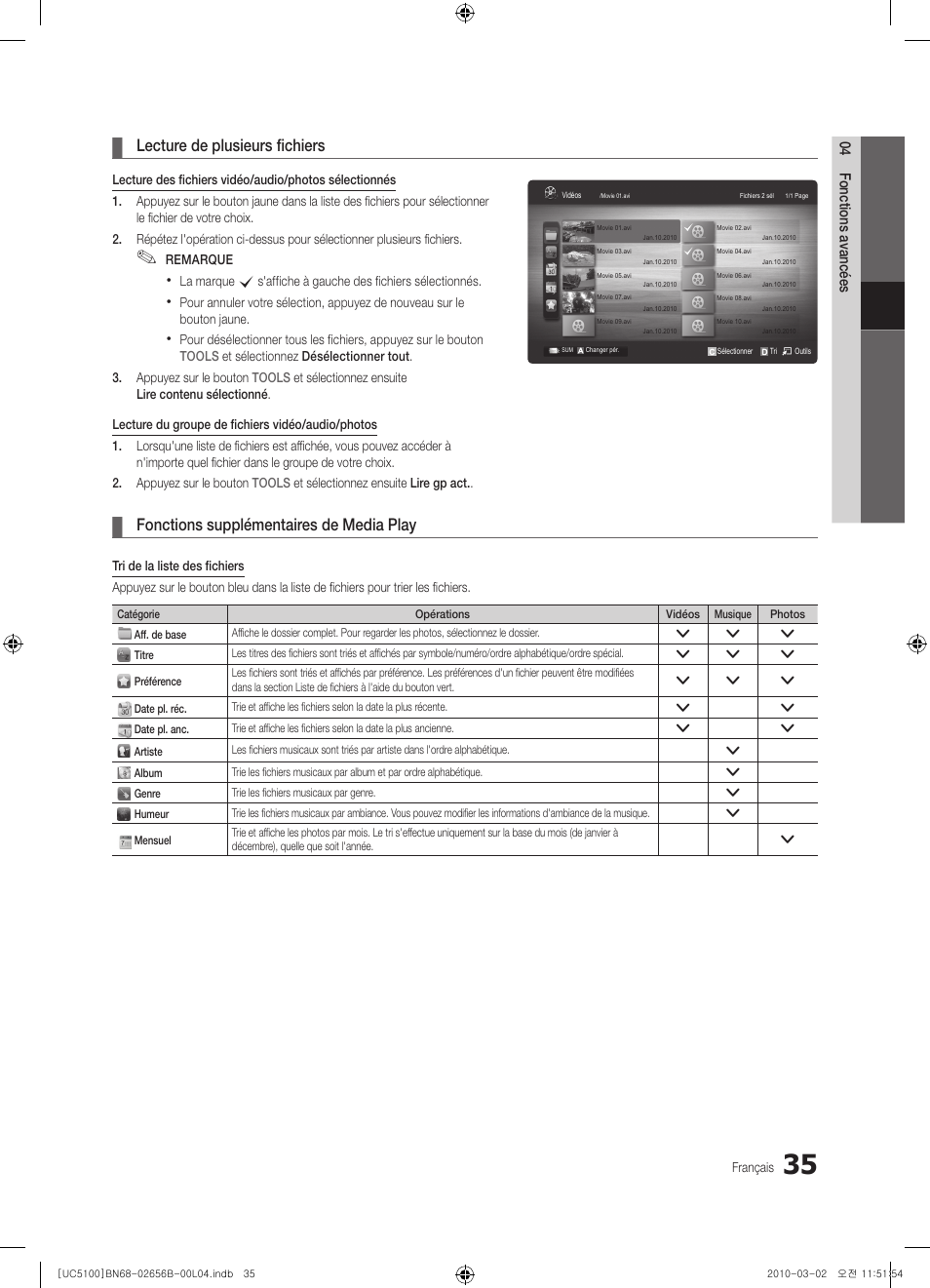 Lecture de plusieurs fichiers, Fonctions supplémentaires de media play | Samsung UE40C5100QW User Manual | Page 135 / 203