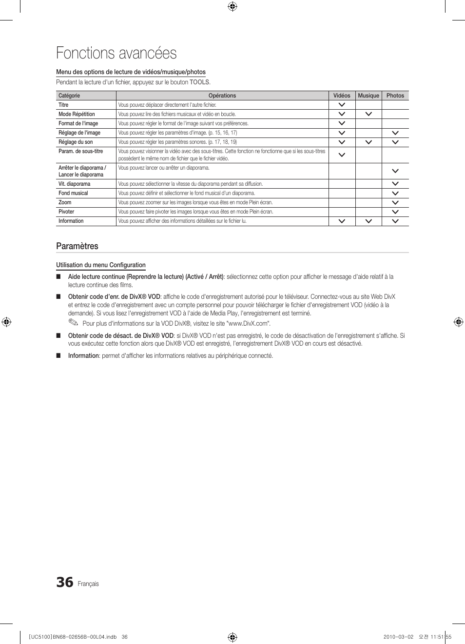 Fonctions avancées, Paramètres | Samsung UE40C5100QW User Manual | Page 136 / 203