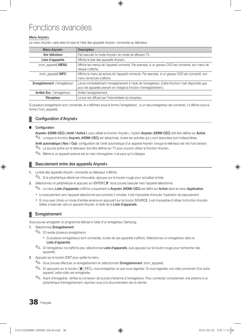 Fonctions avancées | Samsung UE40C5100QW User Manual | Page 138 / 203