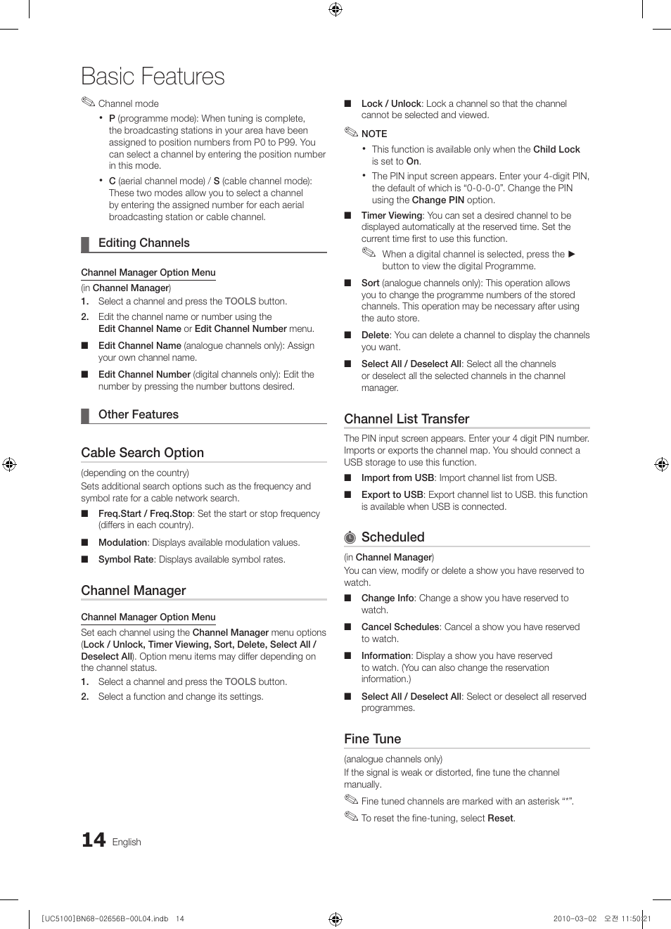 Basic features, Cable search option, Channel manager | Channel list transfer, Scheduled, Fine tune | Samsung UE40C5100QW User Manual | Page 14 / 203