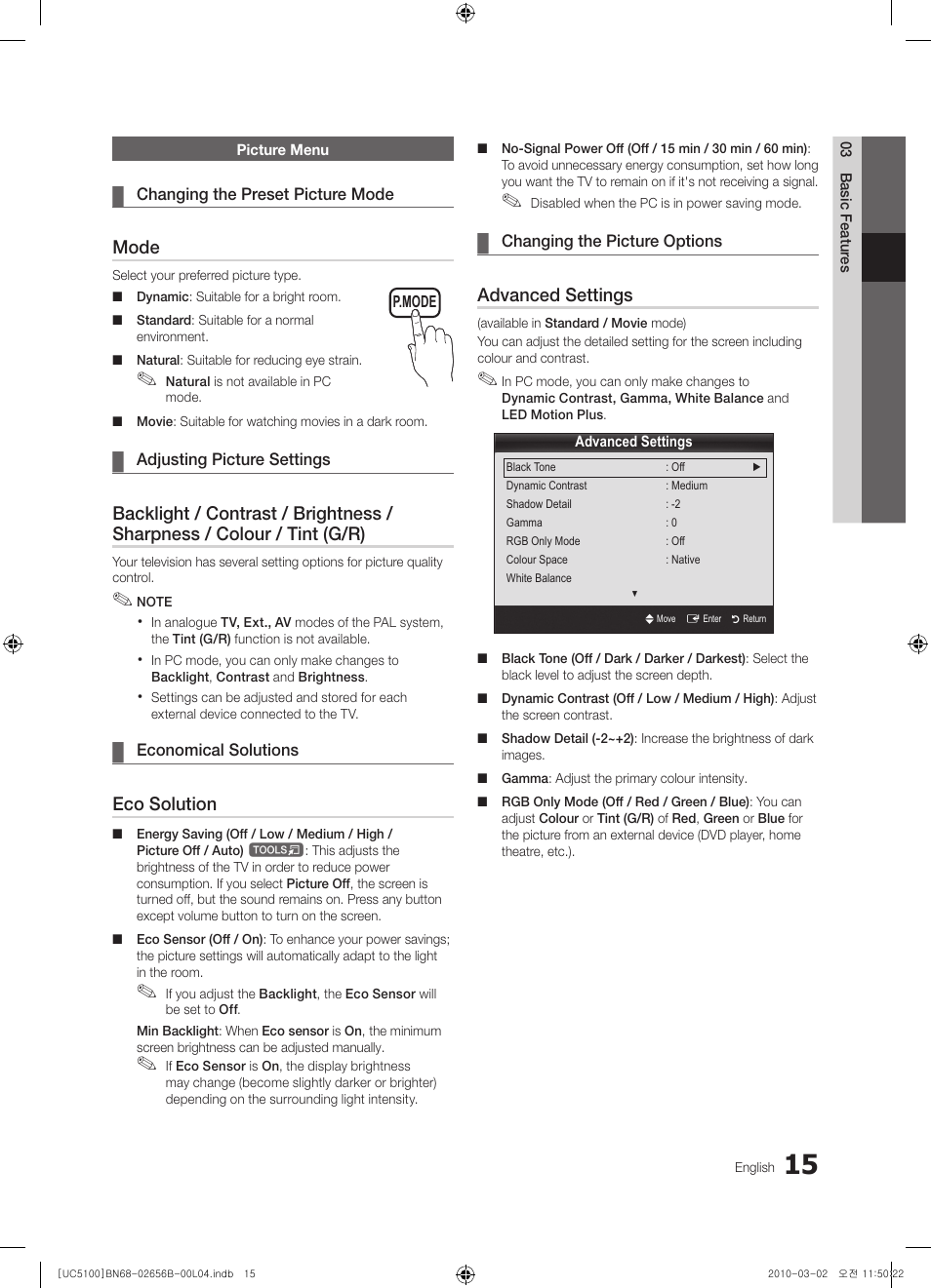 Picture menu, Mode, Eco solution | Advanced settings | Samsung UE40C5100QW User Manual | Page 15 / 203