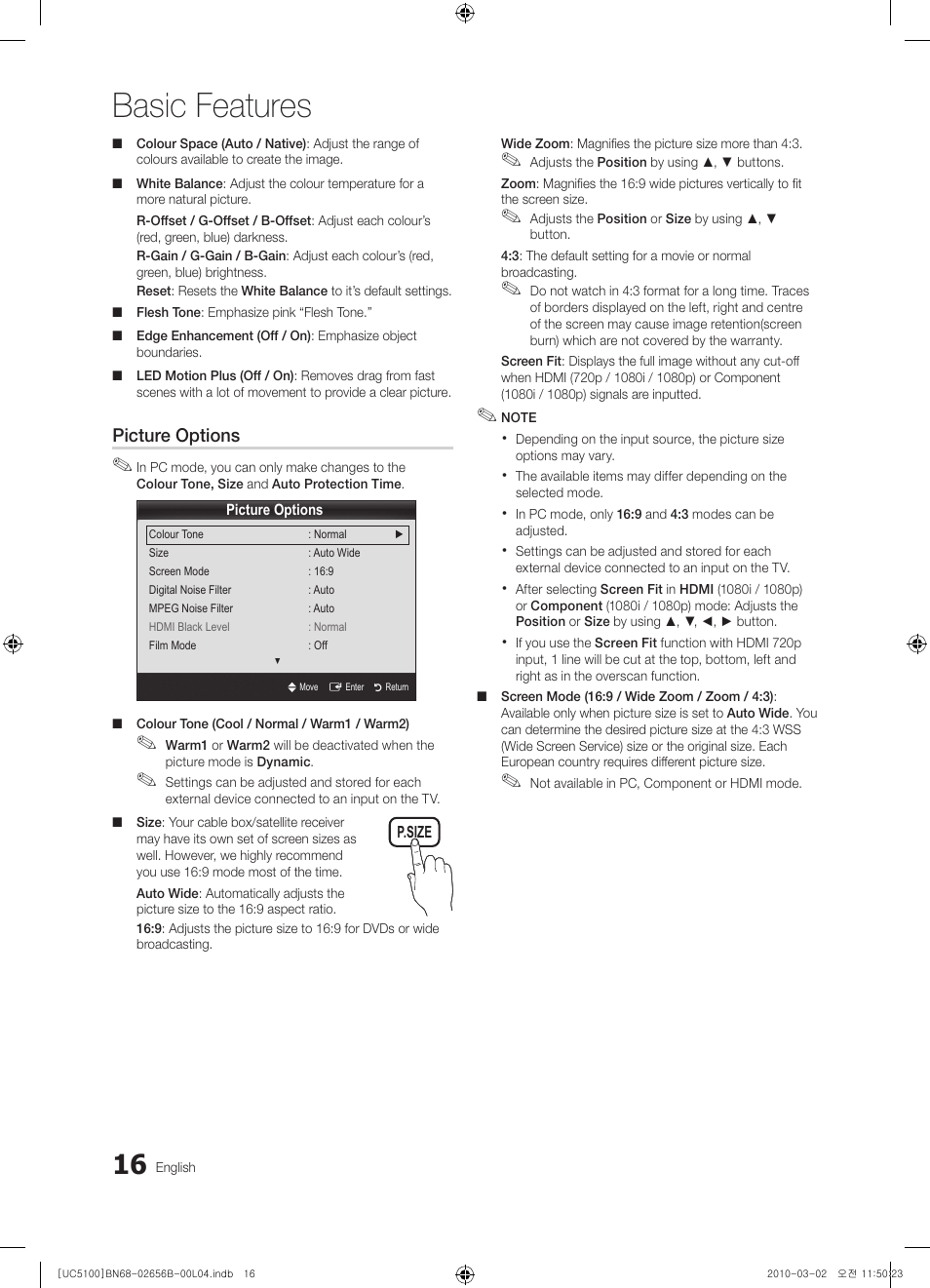 Basic features, Picture options | Samsung UE40C5100QW User Manual | Page 16 / 203