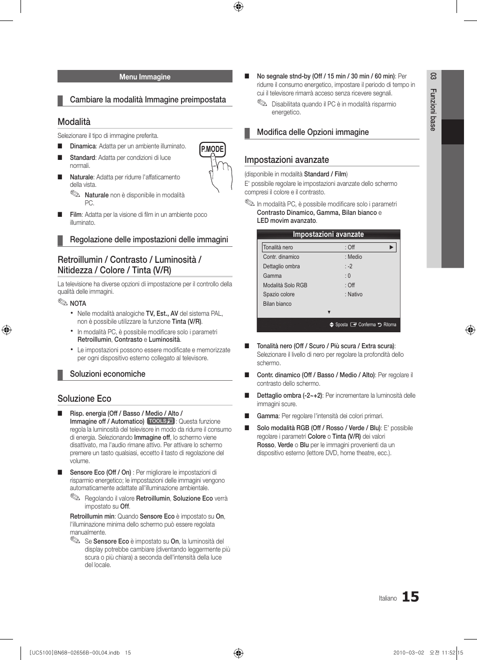 Modalità, Soluzione eco, Impostazioni avanzate | Samsung UE40C5100QW User Manual | Page 165 / 203