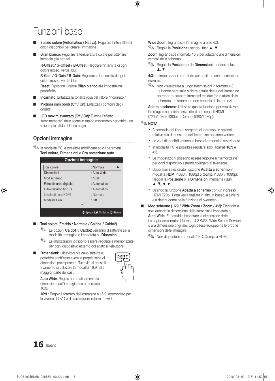 Funzioni base, Opzioni immagine | Samsung UE40C5100QW User Manual | Page 166 / 203