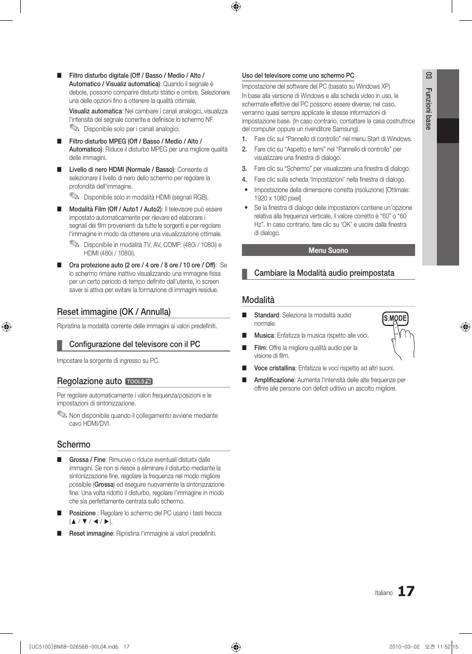 Reset immagine (ok / annulla), Regolazione auto, Schermo | Modalità | Samsung UE40C5100QW User Manual | Page 167 / 203