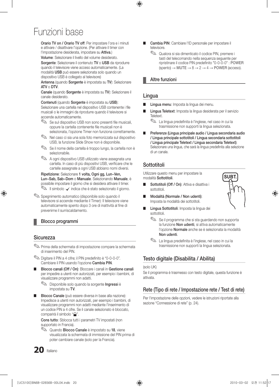 Funzioni base, Sicurezza, Lingua | Sottotitoli, Testo digitale (disabilita / abilita) | Samsung UE40C5100QW User Manual | Page 170 / 203