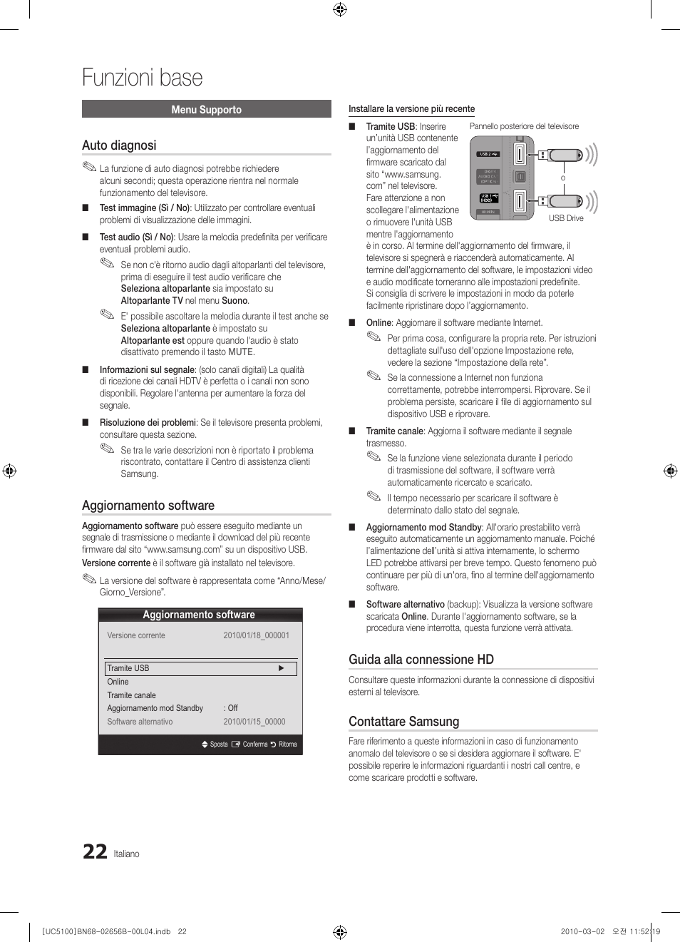 Funzioni base, Auto diagnosi, Aggiornamento software | Guida alla connessione hd, Contattare samsung | Samsung UE40C5100QW User Manual | Page 172 / 203