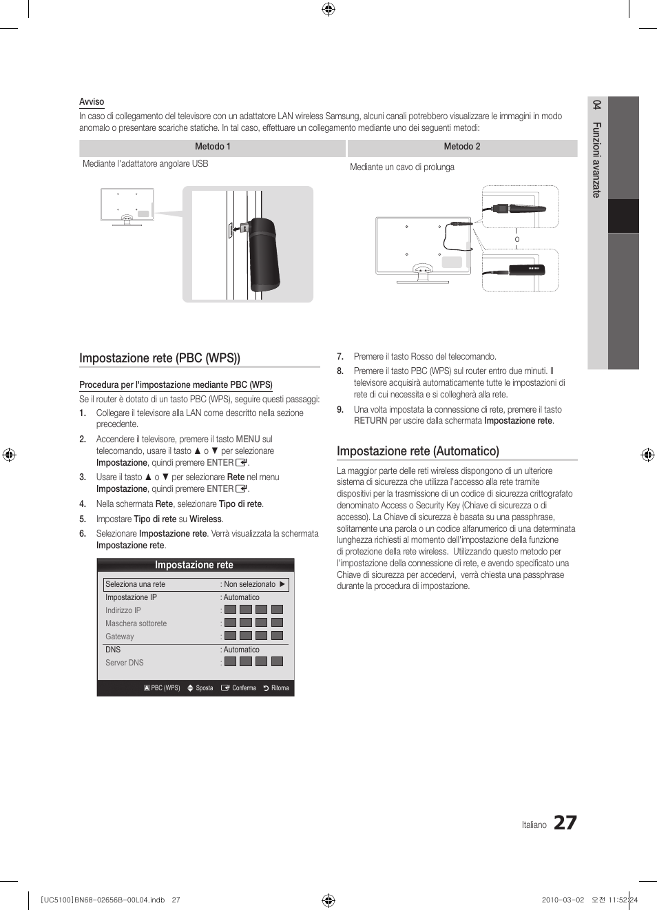 Impostazione rete (pbc (wps)), Impostazione rete (automatico) | Samsung UE40C5100QW User Manual | Page 177 / 203