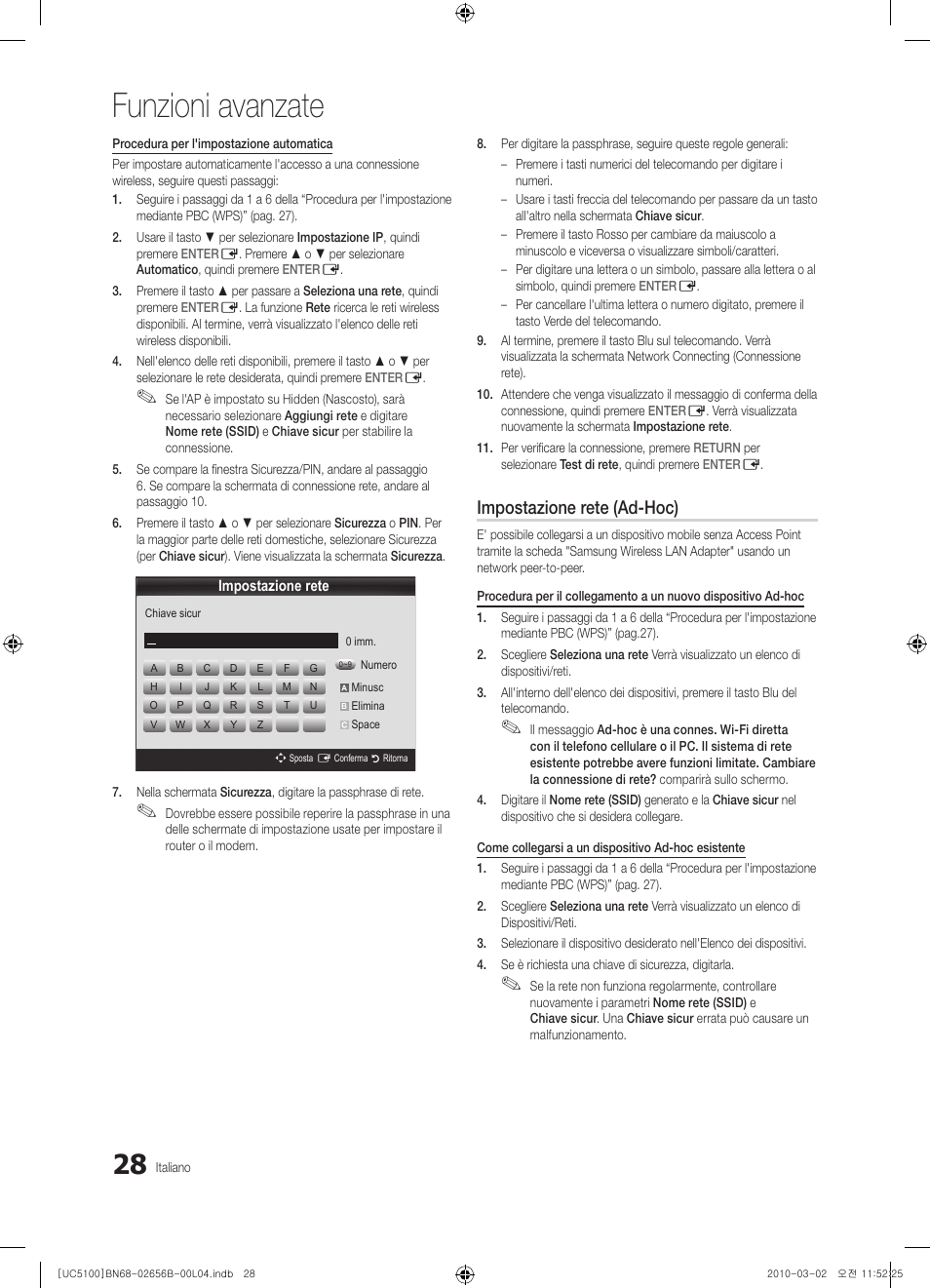 Funzioni avanzate, Impostazione rete (ad-hoc) | Samsung UE40C5100QW User Manual | Page 178 / 203