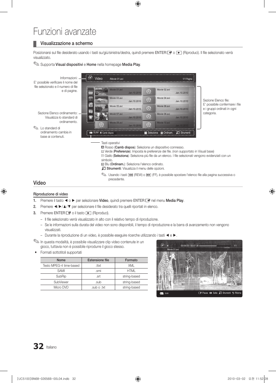 Funzioni avanzate, Video, Visualizzazione a schermo | Samsung UE40C5100QW User Manual | Page 182 / 203
