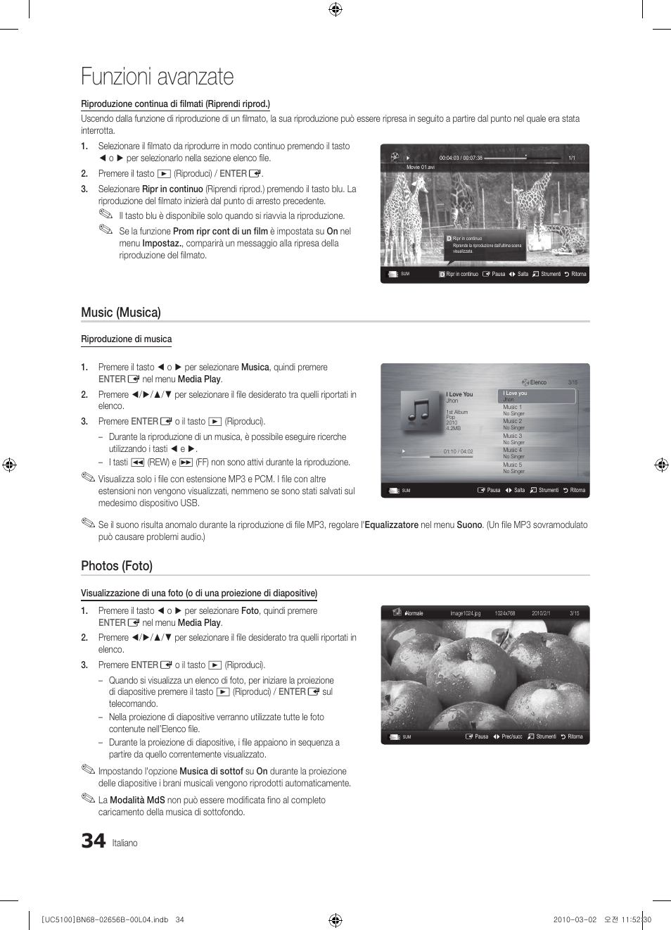 Funzioni avanzate, Music (musica), Photos (foto) | Samsung UE40C5100QW User Manual | Page 184 / 203
