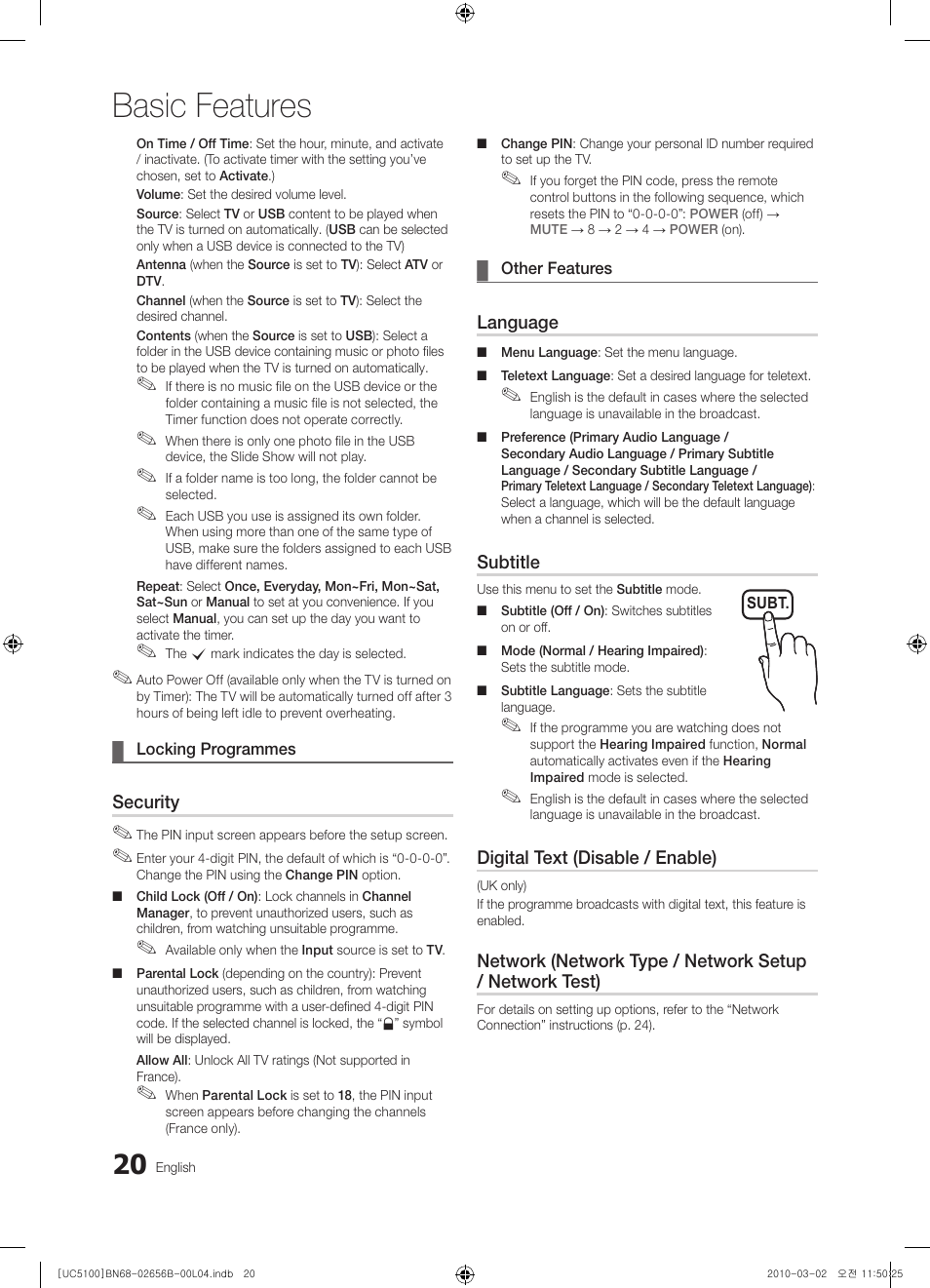 Basic features | Samsung UE40C5100QW User Manual | Page 20 / 203