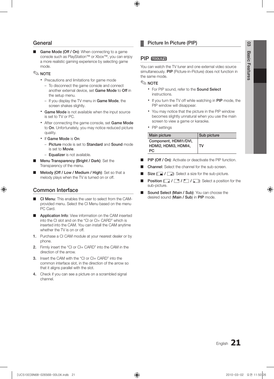 General, Common interface | Samsung UE40C5100QW User Manual | Page 21 / 203
