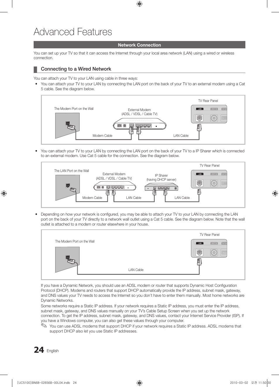 Network connection, Advanced features | Samsung UE40C5100QW User Manual | Page 24 / 203