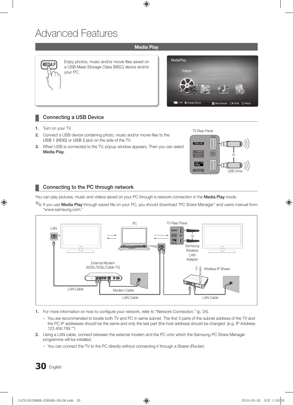 Media play, Advanced features | Samsung UE40C5100QW User Manual | Page 30 / 203