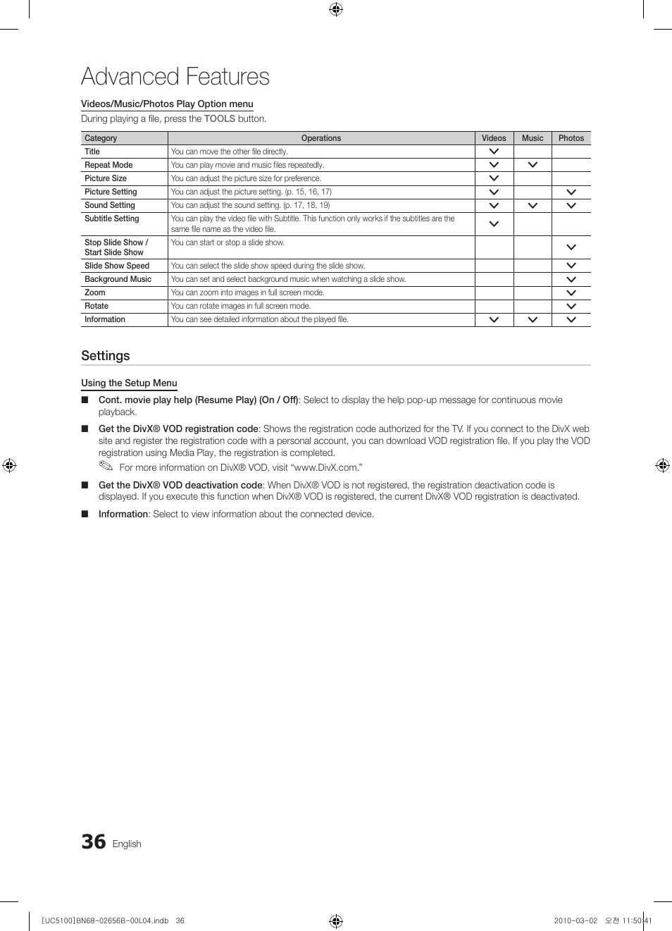 Advanced features, Settings | Samsung UE40C5100QW User Manual | Page 36 / 203