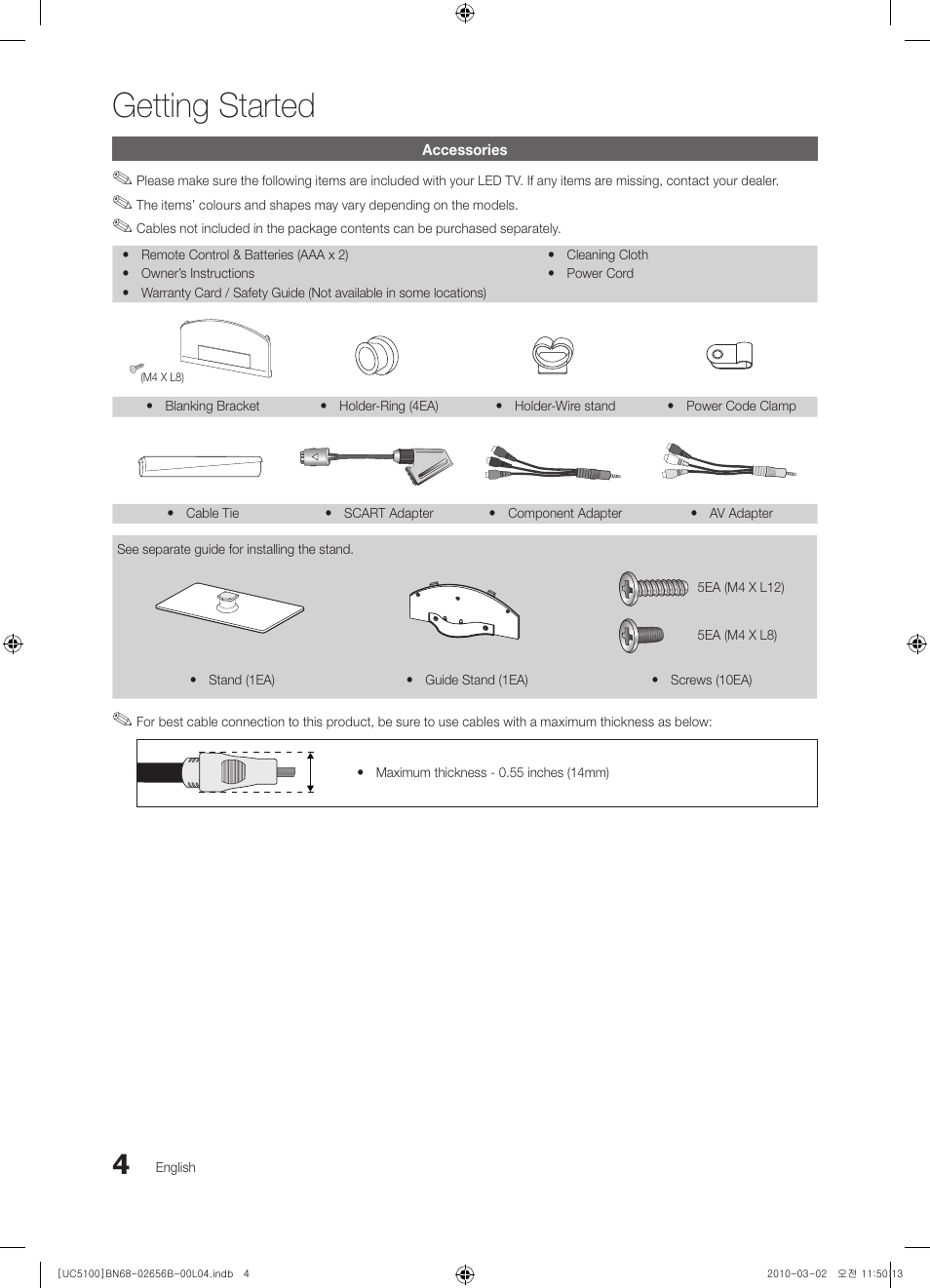Getting started, Accessories | Samsung UE40C5100QW User Manual | Page 4 / 203
