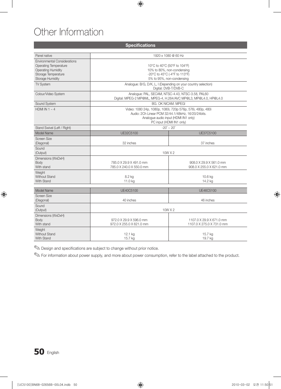 Specifications, Other information | Samsung UE40C5100QW User Manual | Page 50 / 203