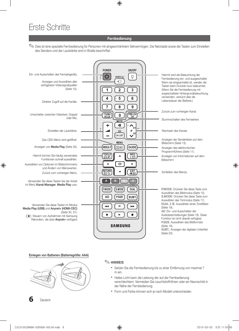 Erste schritte | Samsung UE40C5100QW User Manual | Page 56 / 203