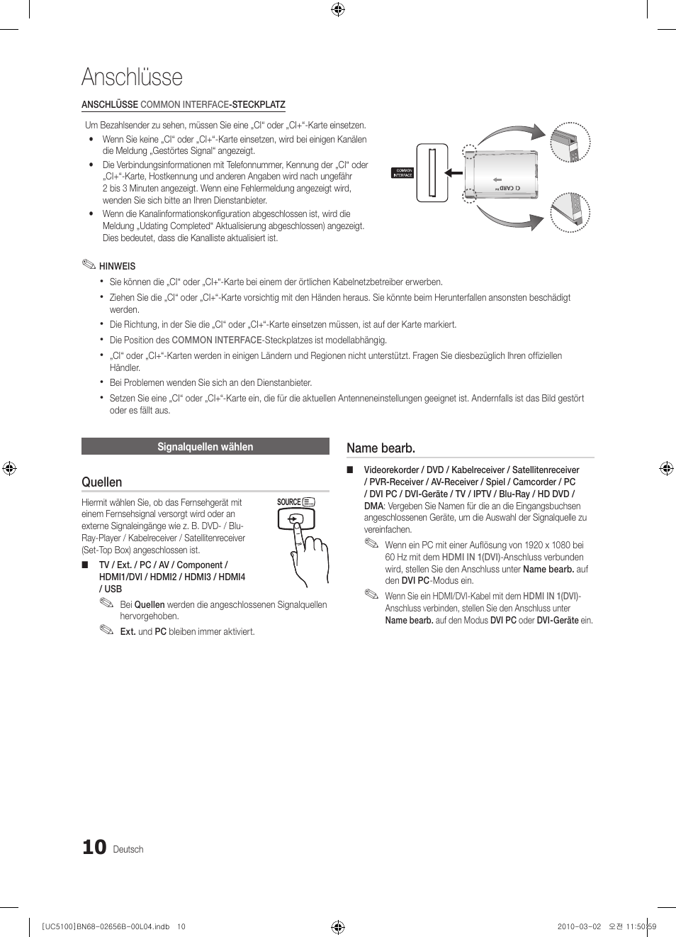 Anschlüsse | Samsung UE40C5100QW User Manual | Page 60 / 203