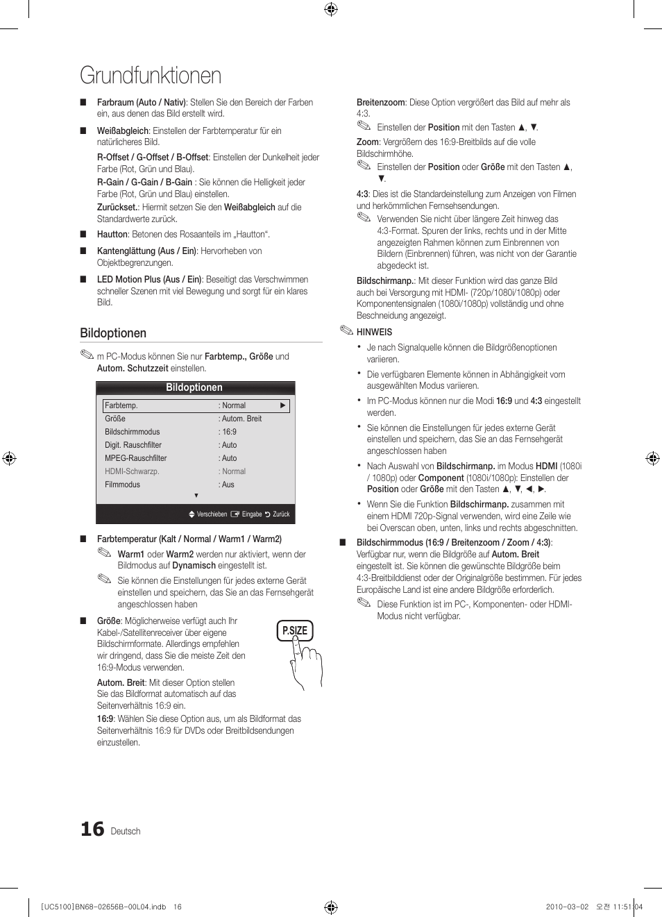 Grundfunktionen, Bildoptionen | Samsung UE40C5100QW User Manual | Page 66 / 203