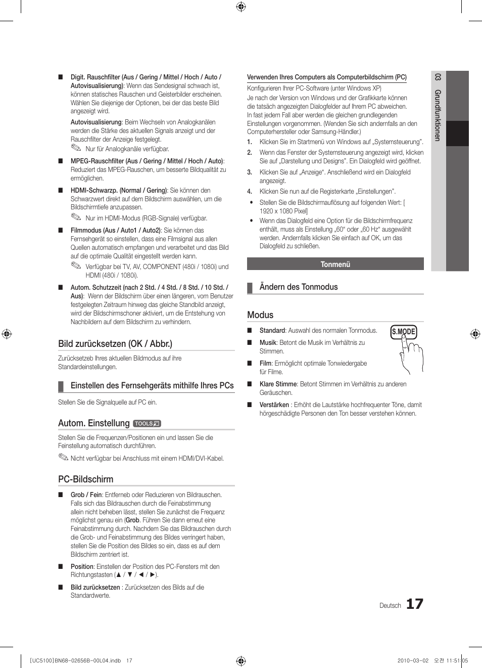 Bild zurücksetzen (ok / abbr.), Autom. einstellung, Pc-bildschirm | Modus | Samsung UE40C5100QW User Manual | Page 67 / 203