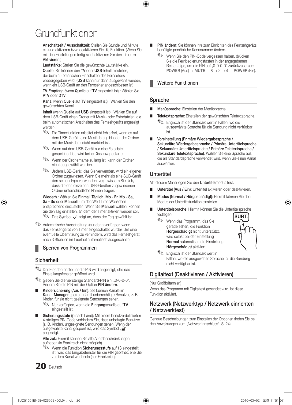 Grundfunktionen, Sicherheit, Sprache | Untertitel, Digitaltext (deaktivieren / aktivieren) | Samsung UE40C5100QW User Manual | Page 70 / 203