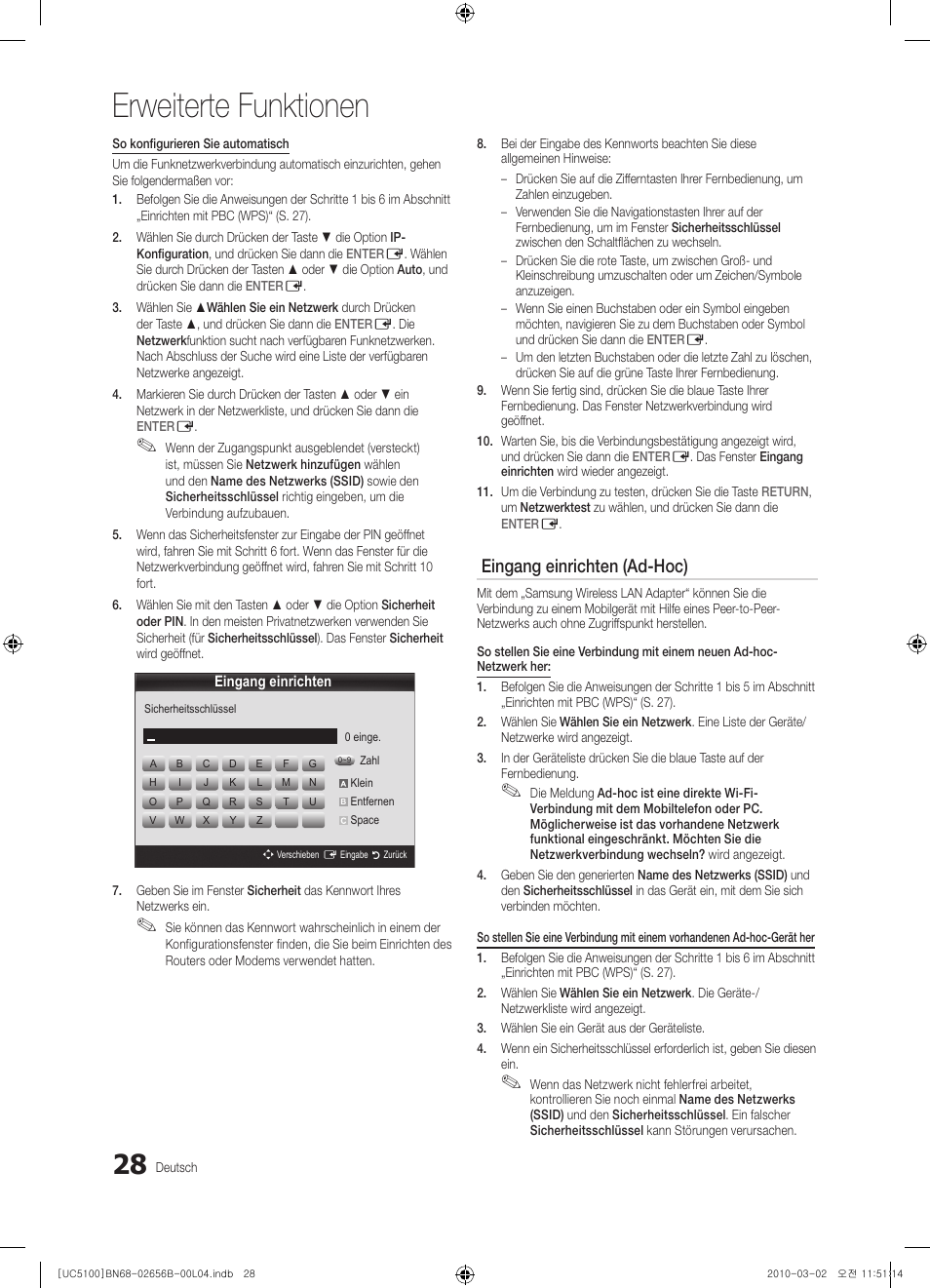 Erweiterte funktionen, Eingang einrichten (ad-hoc) | Samsung UE40C5100QW User Manual | Page 78 / 203