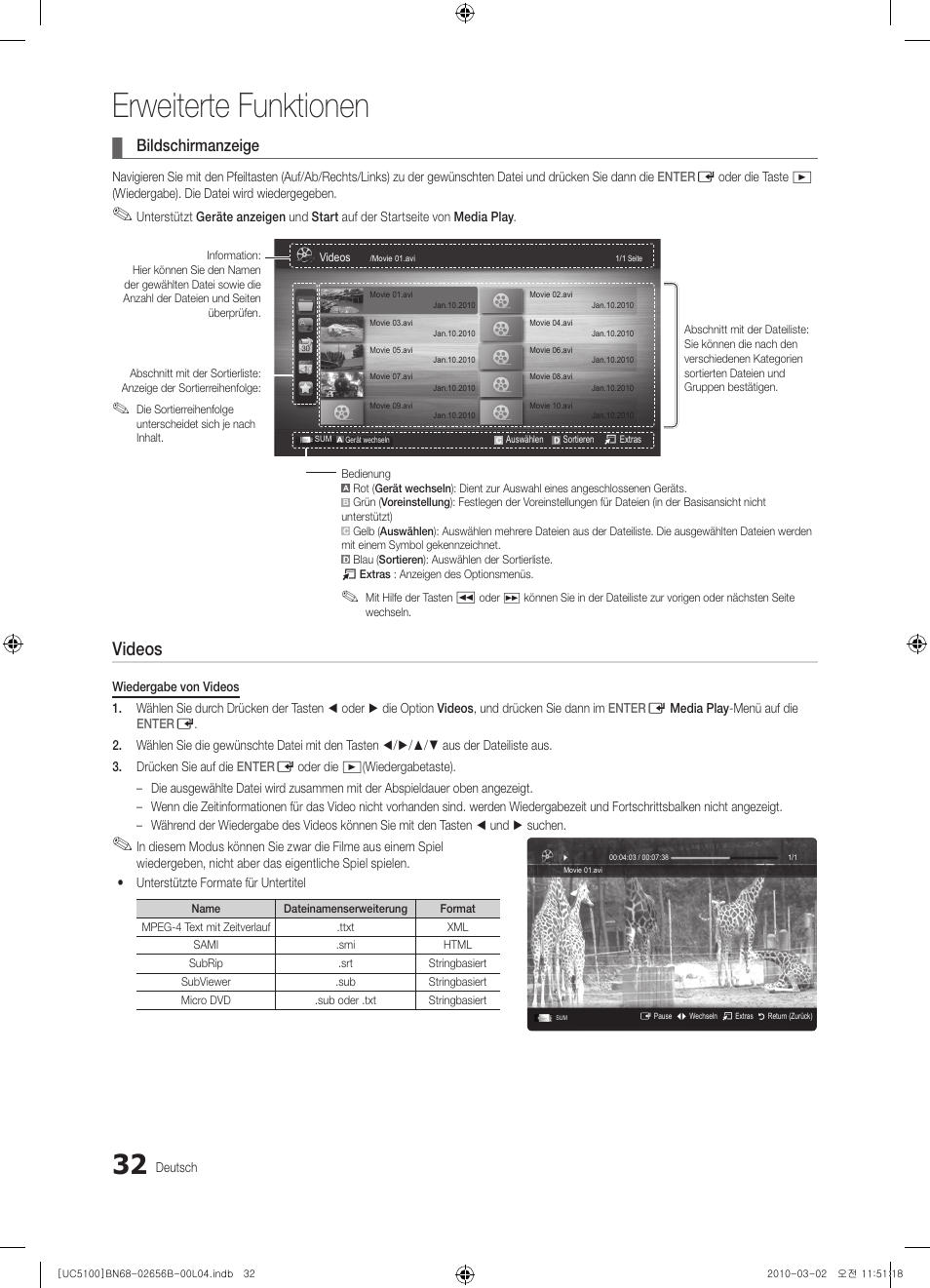 Erweiterte funktionen, Videos, Bildschirmanzeige | Samsung UE40C5100QW User Manual | Page 82 / 203