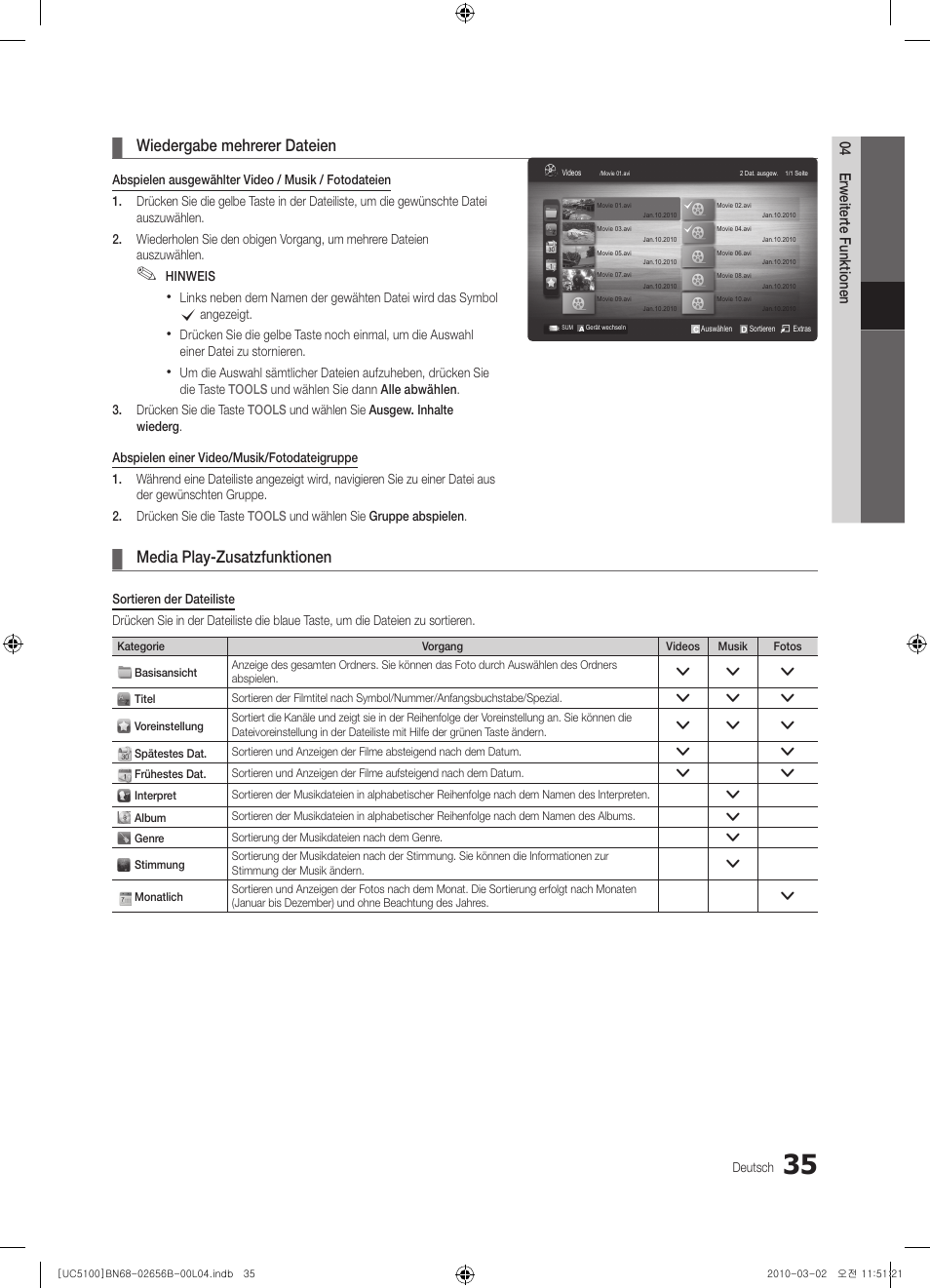 Wiedergabe mehrerer dateien, Media play-zusatzfunktionen | Samsung UE40C5100QW User Manual | Page 85 / 203