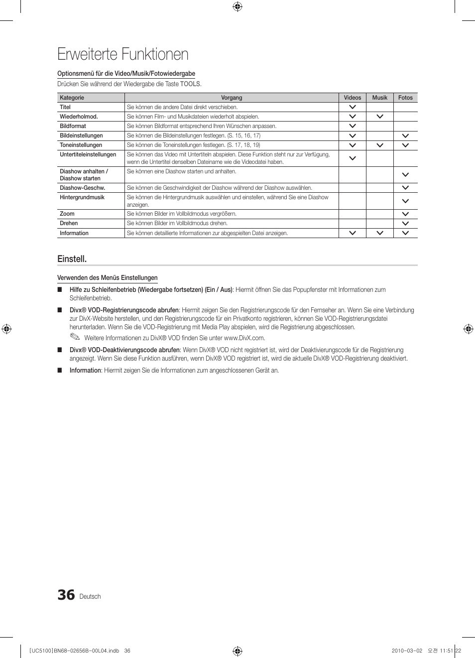 Erweiterte funktionen, Einstell | Samsung UE40C5100QW User Manual | Page 86 / 203