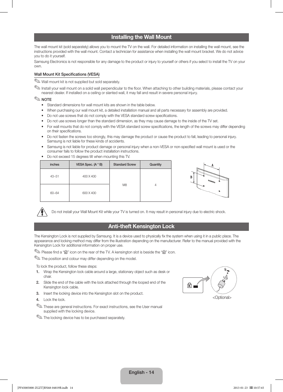 Installing the wall mount, Anti-theft kensington lock | Samsung PS64F5000AK User Manual | Page 14 / 75