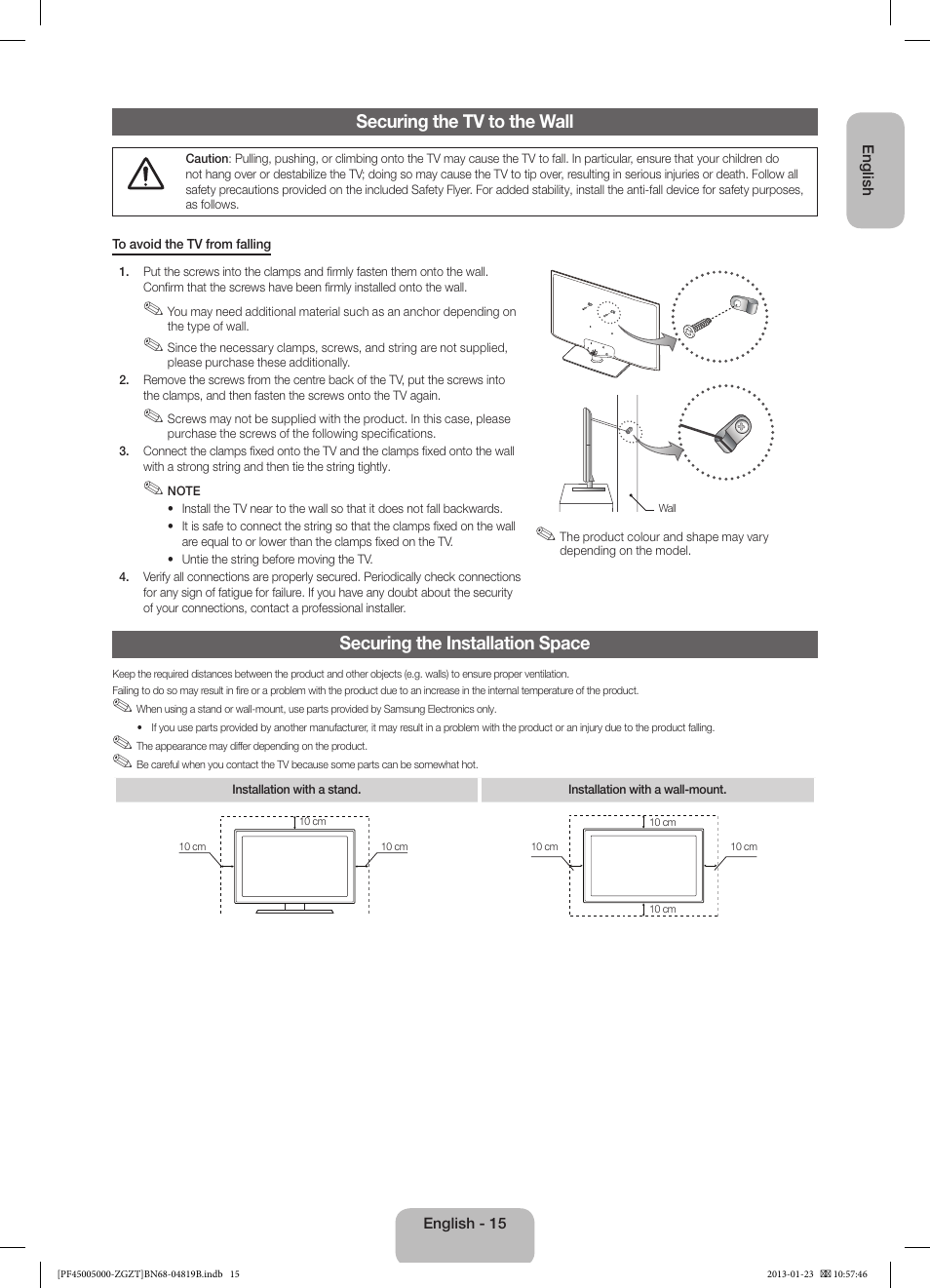 Securing the tv to the wall, Securing the installation space | Samsung PS64F5000AK User Manual | Page 15 / 75