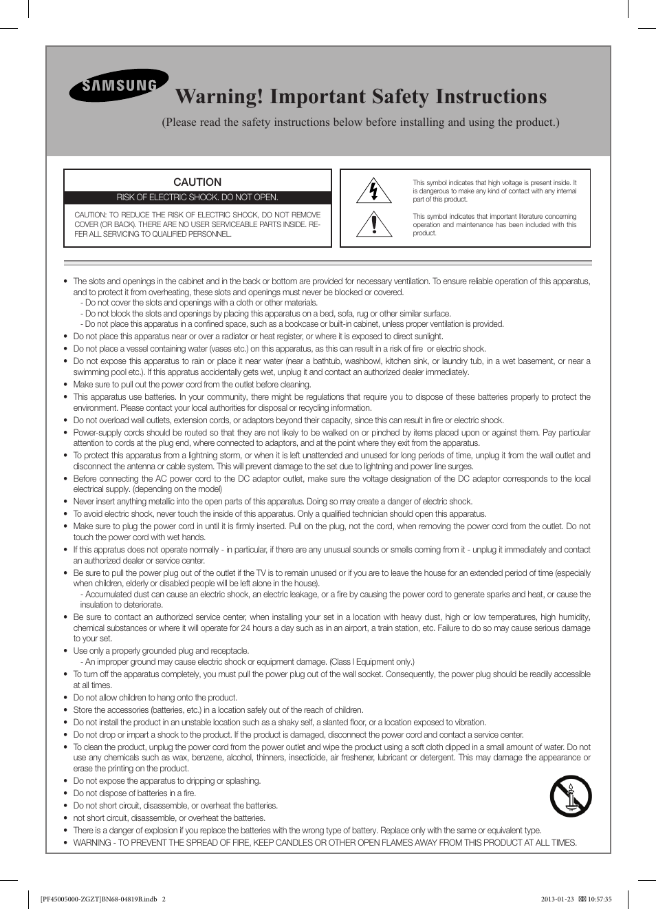 Warning! important safety instructions | Samsung PS64F5000AK User Manual | Page 2 / 75