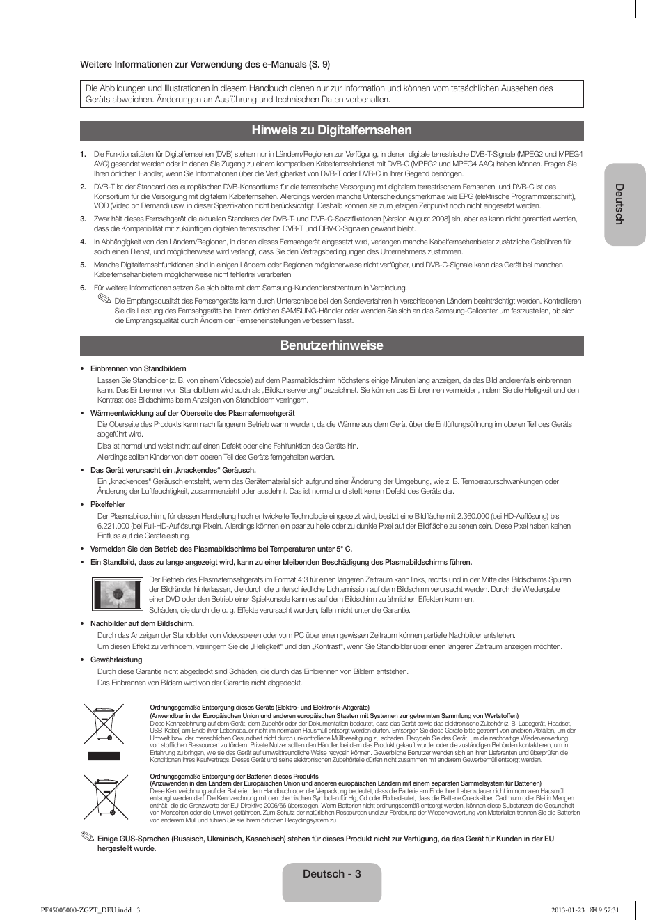 Hinweis zu digitalfernsehen, Benutzerhinweise | Samsung PS64F5000AK User Manual | Page 21 / 75