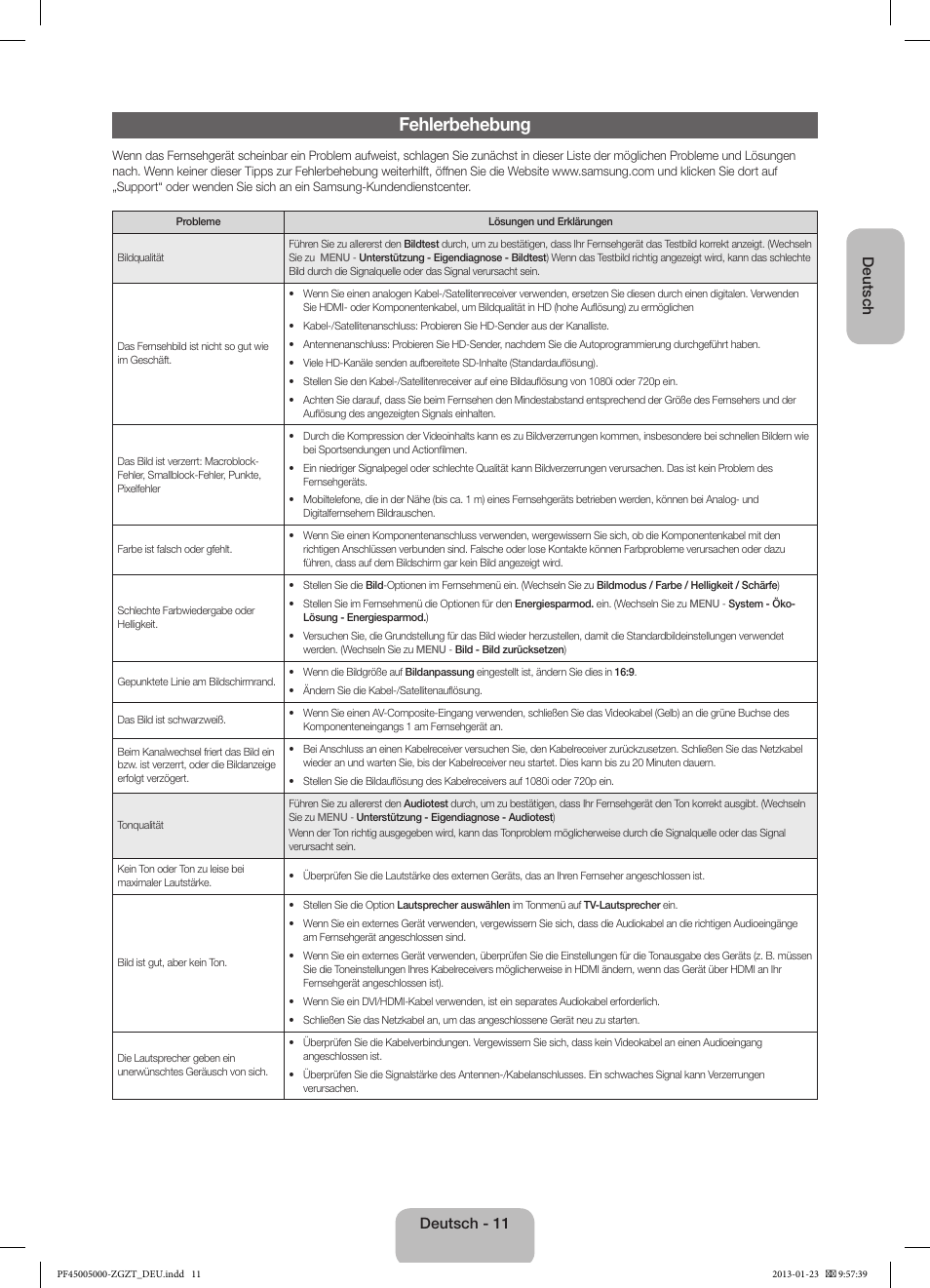 Fehlerbehebung, Deutsch, Deutsch - 11 | Samsung PS64F5000AK User Manual | Page 29 / 75