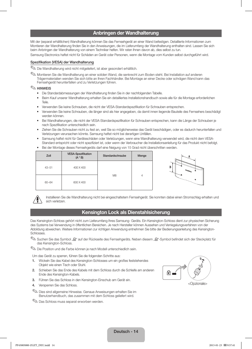 Anbringen der wandhalterung, Kensington lock als dienstahlsicherung | Samsung PS64F5000AK User Manual | Page 32 / 75