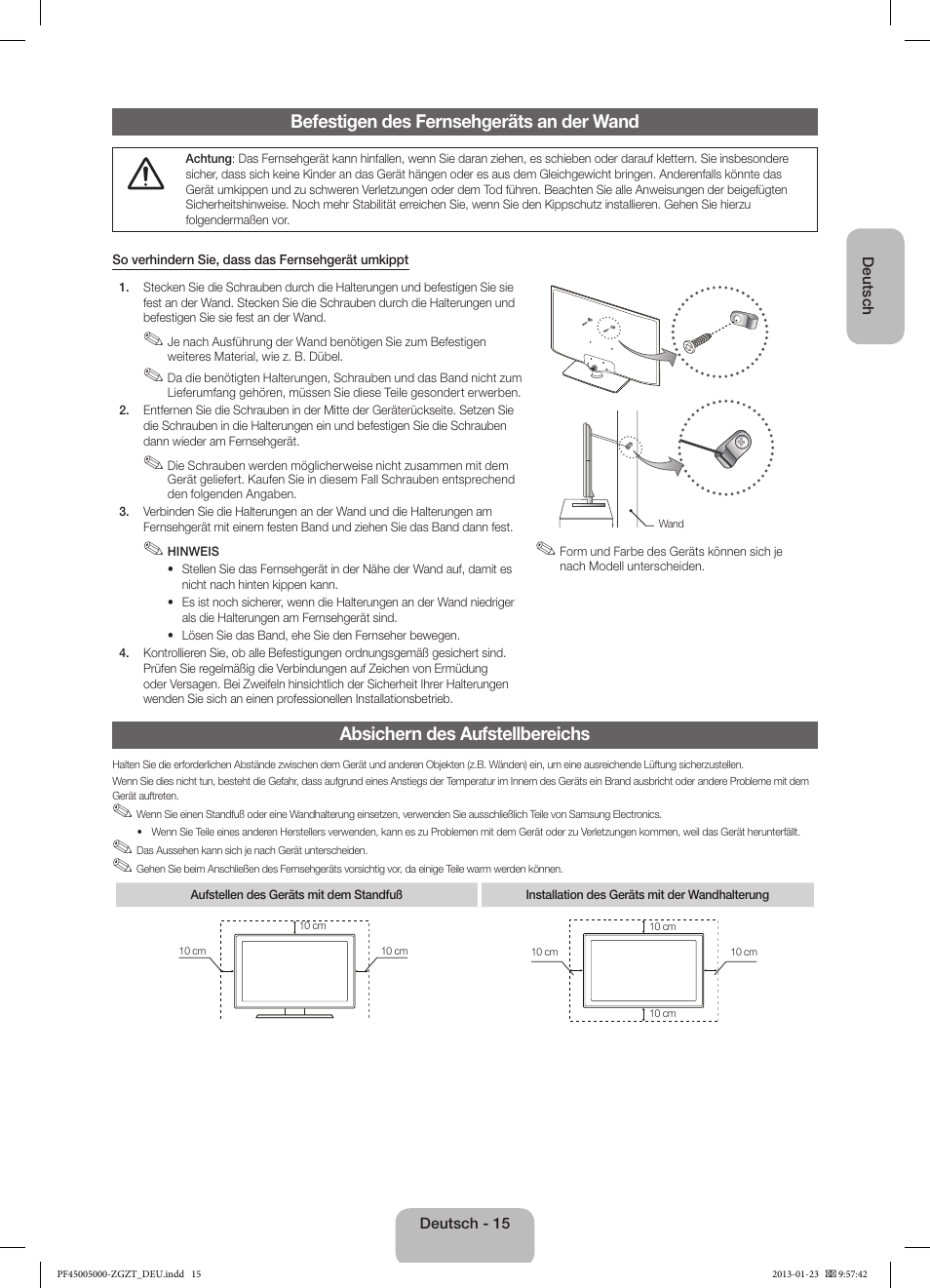 Befestigen des fernsehgeräts an der wand, Absichern des aufstellbereichs | Samsung PS64F5000AK User Manual | Page 33 / 75
