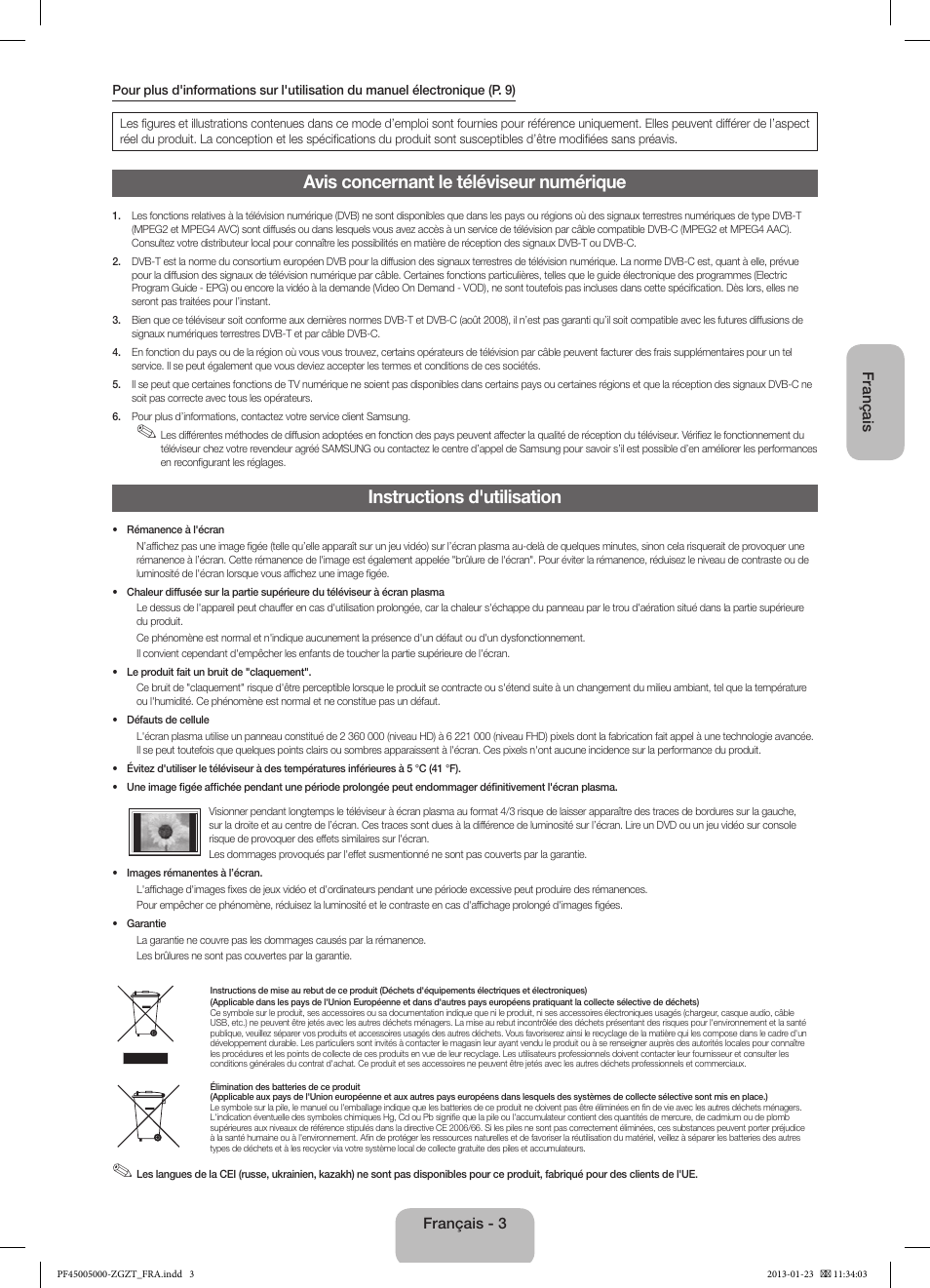 Avis concernant le téléviseur numérique, Instructions d'utilisation | Samsung PS64F5000AK User Manual | Page 39 / 75