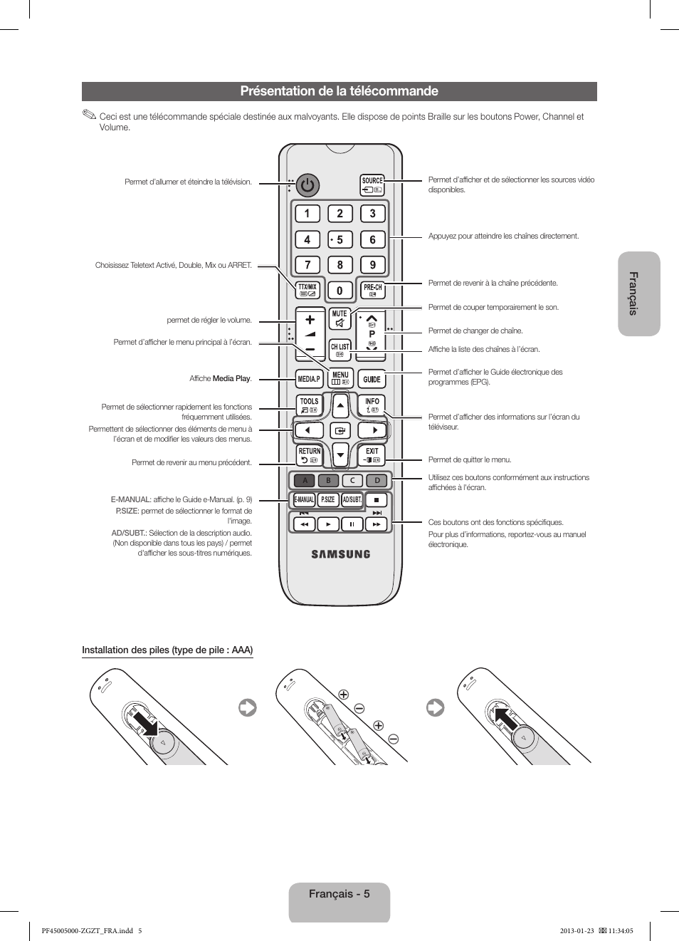 Présentation de la télécommande | Samsung PS64F5000AK User Manual | Page 41 / 75