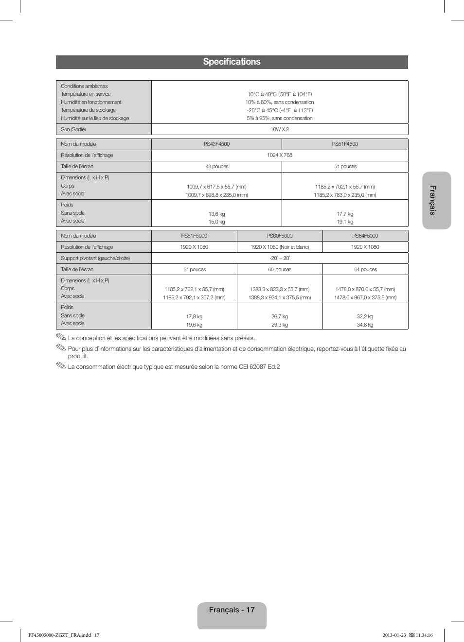 Specifications | Samsung PS64F5000AK User Manual | Page 53 / 75