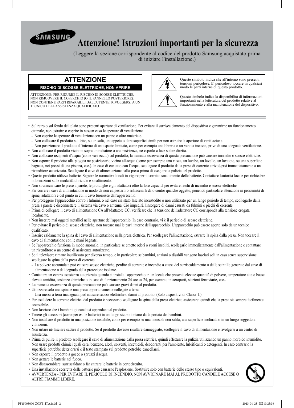 Attenzione! istruzioni importanti per la sicurezza, Attenzione | Samsung PS64F5000AK User Manual | Page 56 / 75