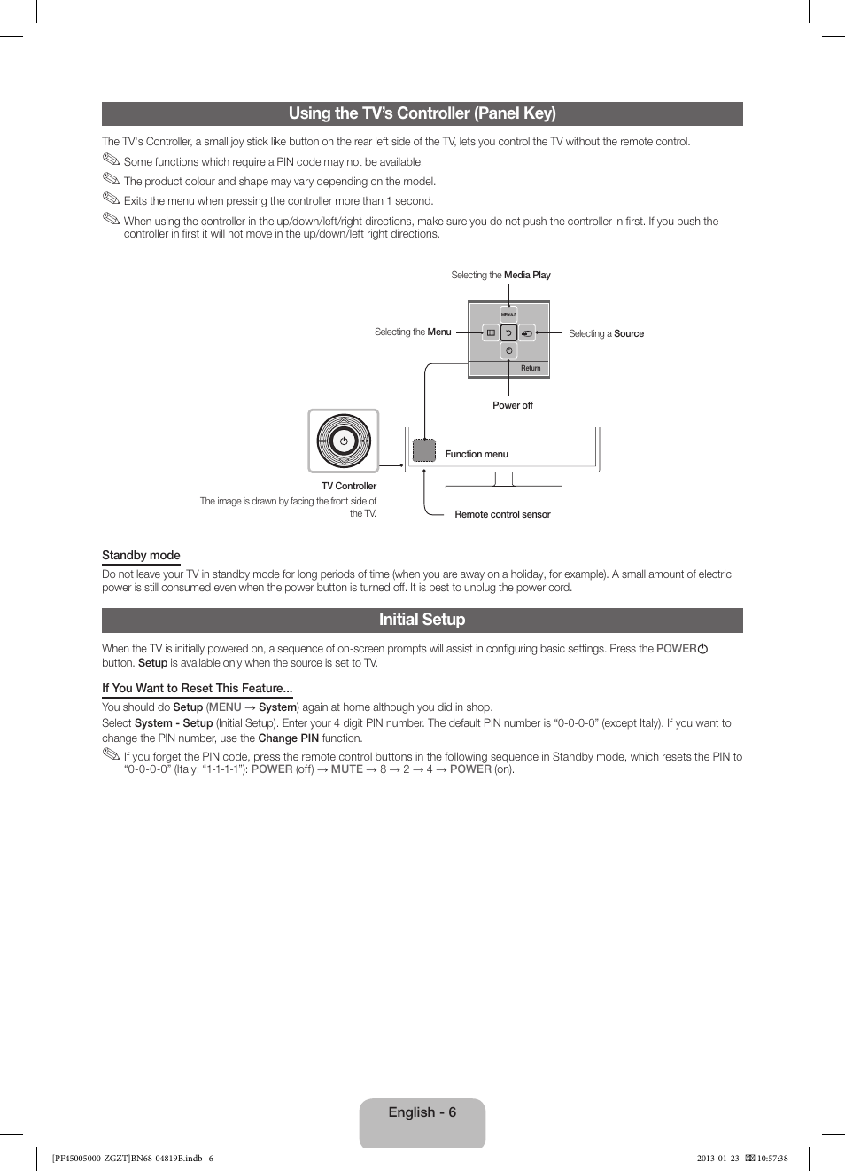 Using the tv’s controller (panel key), Initial setup | Samsung PS64F5000AK User Manual | Page 6 / 75