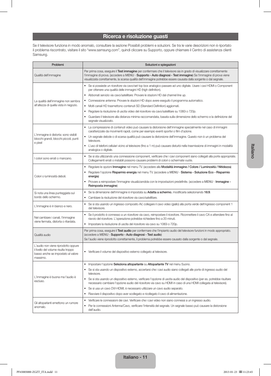 Ricerca e risoluzione guasti, Italiano, Italiano - 11 | Samsung PS64F5000AK User Manual | Page 65 / 75