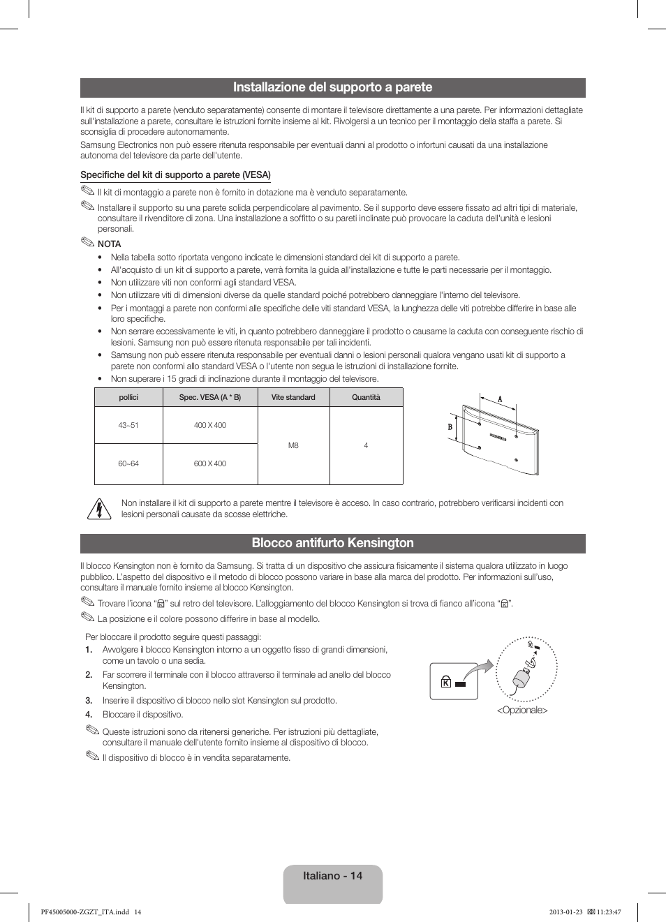 Installazione del supporto a parete, Blocco antifurto kensington | Samsung PS64F5000AK User Manual | Page 68 / 75
