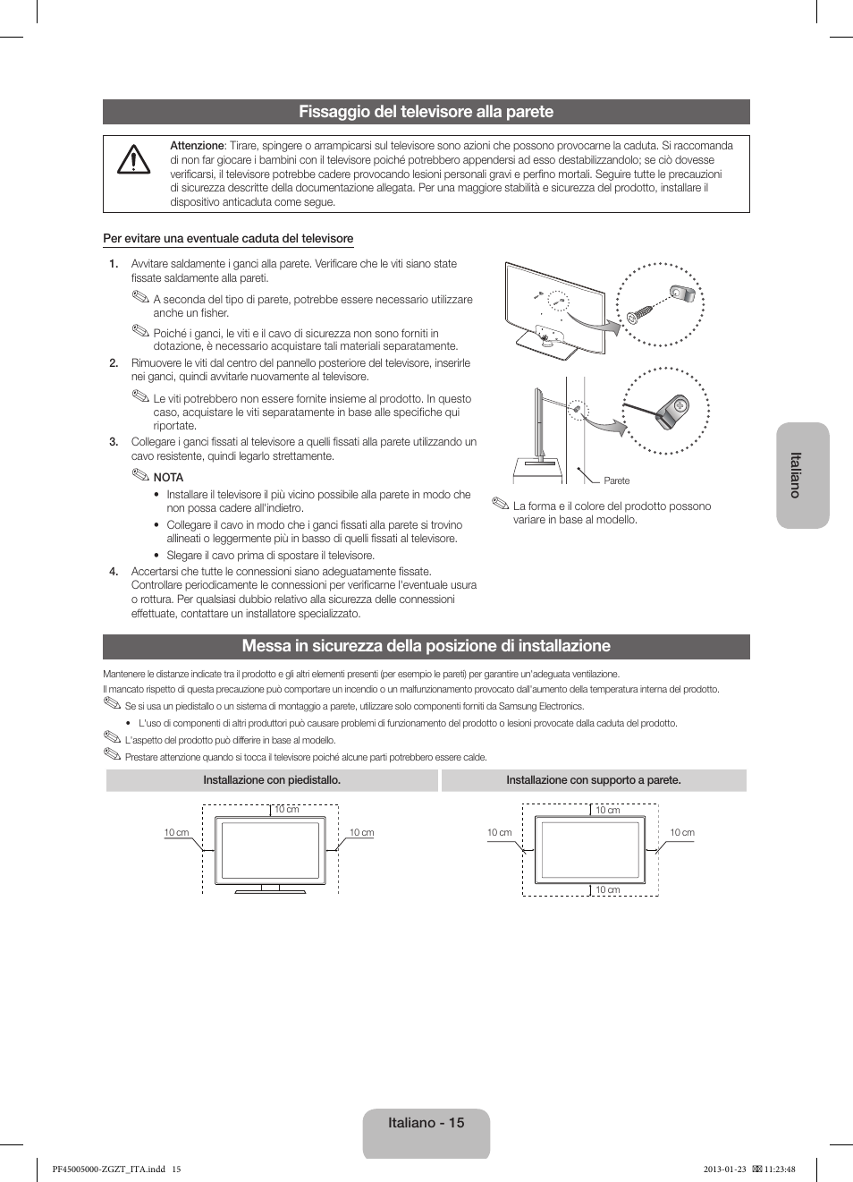 Fissaggio del televisore alla parete | Samsung PS64F5000AK User Manual | Page 69 / 75