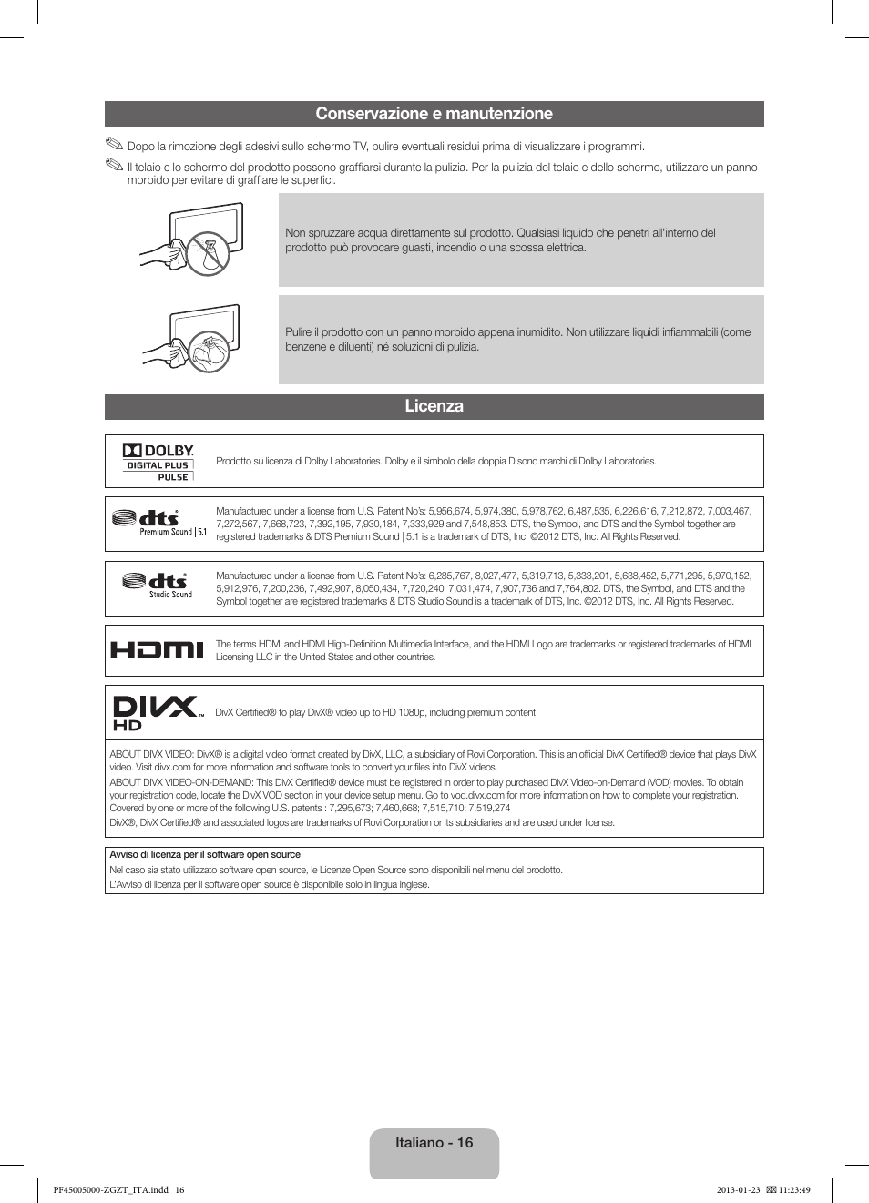 Conservazione e manutenzione, Licenza | Samsung PS64F5000AK User Manual | Page 70 / 75