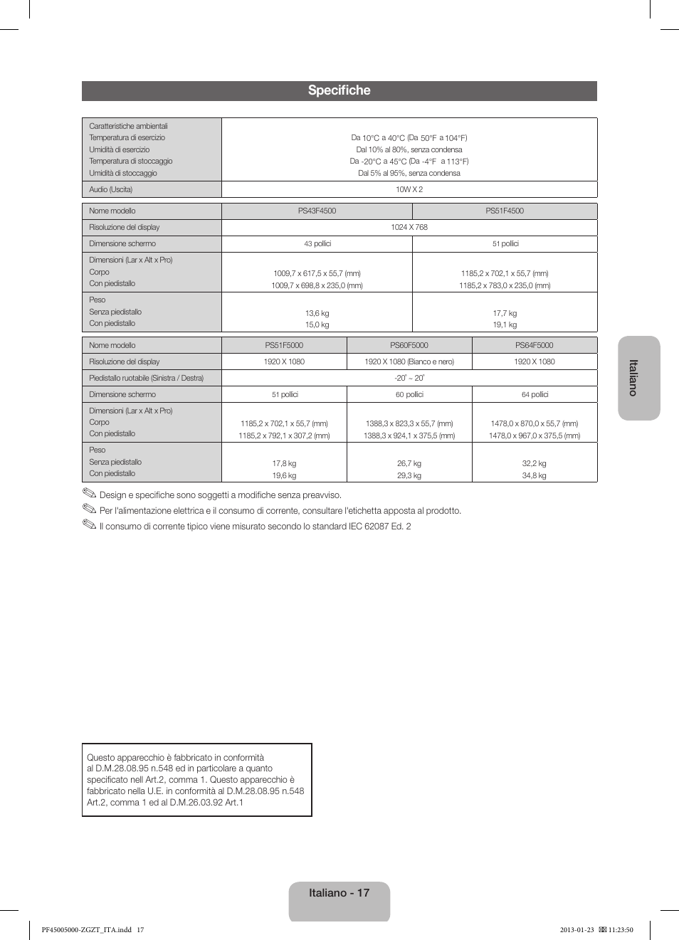 Specifiche | Samsung PS64F5000AK User Manual | Page 71 / 75