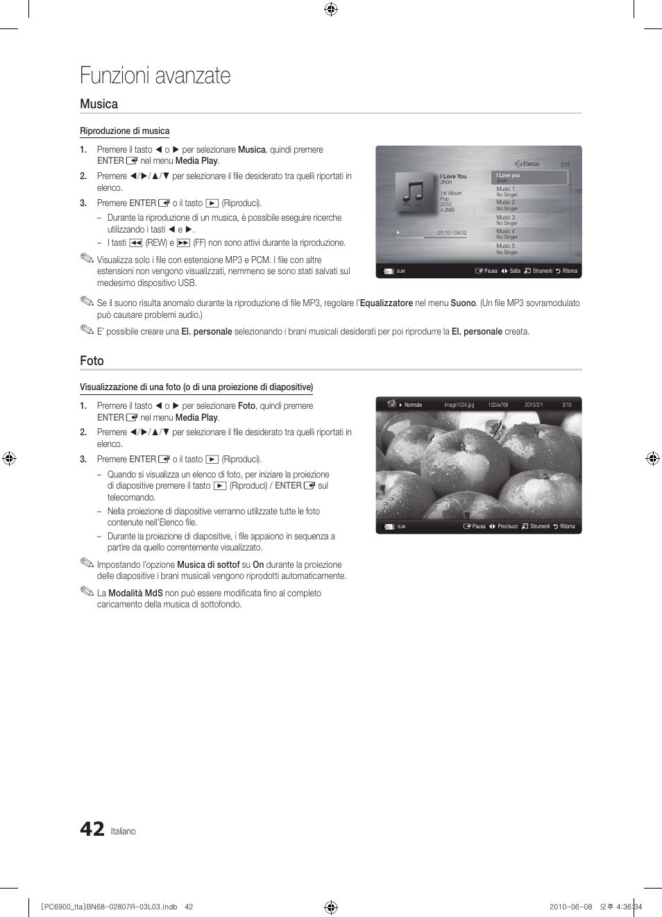 Funzioni avanzate, Musica, Foto | Samsung PS50C6900YP User Manual | Page 104 / 190
